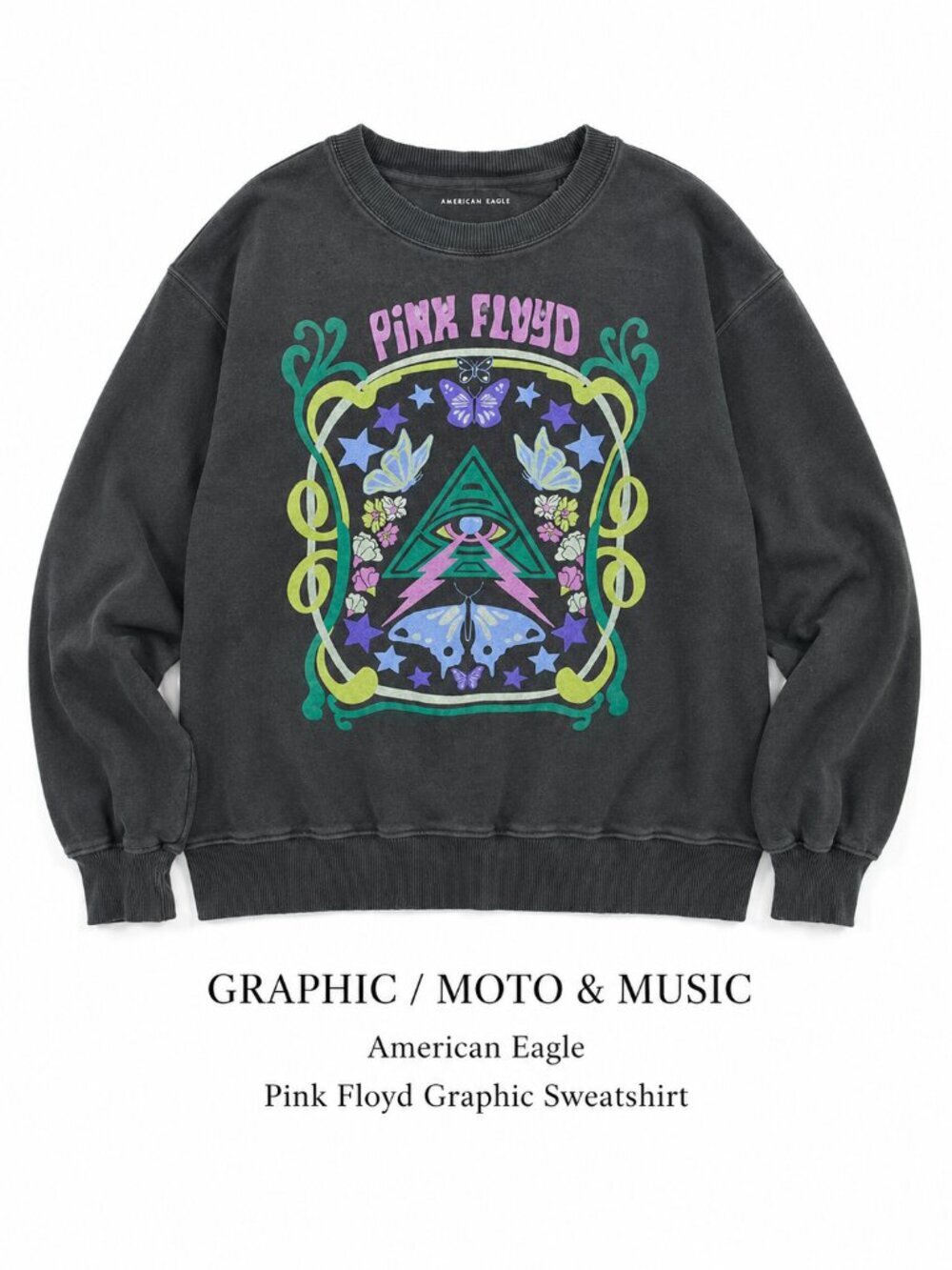 American Eagle Pink Floyd Graphic Sweatshirt Washed Black Oversized Small